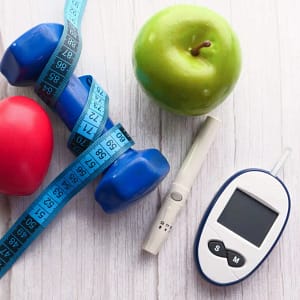 Background image of fruits and health gadgets.